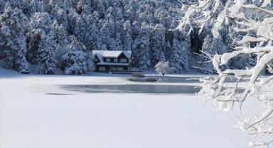 Gölcük Tabiat Parkı'ndaki gölün yüzeyi buz tuttu