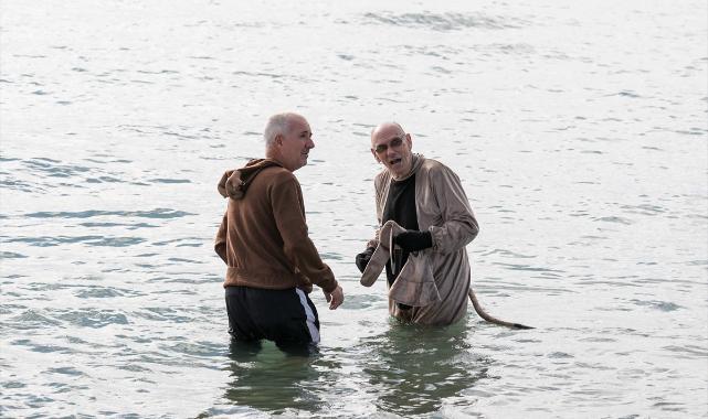 Didim'deki İngilizler sahipsiz hayvanlar için soğuk havada denize girdi