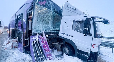 Kars'ta yolcu otobüsünün kamyona çarptığı kazada 9 kişi yaralandı